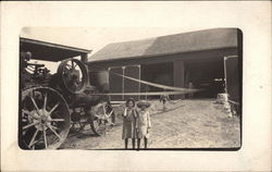 Family On Farm, Steam Powered Tractor Postcard