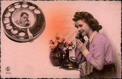 Couple Speaking Over Telephone Romance & Love Postcard Postcard