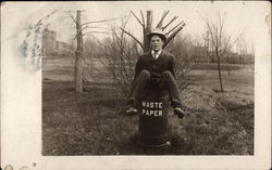 Man in Waste Paper Barrell Men Postcard Postcard