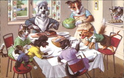 Dogs and Cats Eating at Table Postcard Postcard