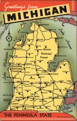 Greetings from Michigan - The Peninsular State - Map Postcard