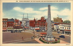 Vance Monument on Pack Square and Main Business Section Postcard