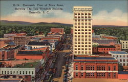 Panoramic View of Main Street, Showing the Tall Woodside Building Greenville, SC Postcard Postcard