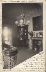 Interior of French Home - Chandelier, Fireplace, China Cabinet Postcard