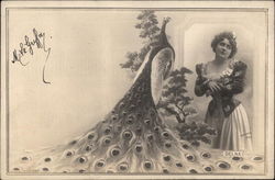 Woman and Peacock Chickens Postcard Postcard