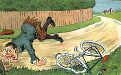 Man Falling off Bike, Milestone Postcard