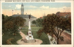 Soldiers' Monument, City Hall and Common Postcard