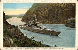 U.S.S. "Tennessee" in Gaillard Cut, Passing Cucaracha Slide, Panama Canal Postcard