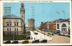 Main Street Showing City Hall Worcester, MA Postcard Postcard