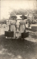 Two Women with Hats and Suitcases Postcard