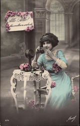 Lady Talks on the Telephone Postcard