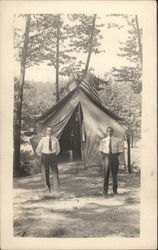 Men outside Tent with Finnish & American Flags Postcard