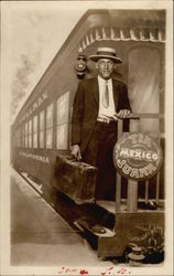 Man's Picture Taken in Front of Painted Trolly Postcard