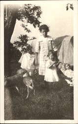 Three Children Playing with Dogs with Tent Postcard