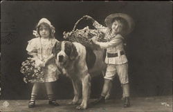 Two Children Posing with St. Bernard Saint Bernards Postcard Postcard