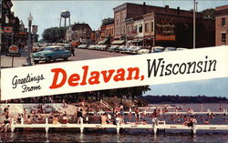 Downtown and Delavan Lake Beach Wisconsin Postcard Postcard