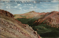 Longs Peak, Alt. 14,255 Feet, from the Trail Ridge Road showing Forest Canon Postcard