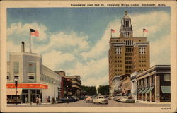 Broadway and 2nd Street, showing Mayo Clinic Postcard