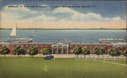 U.S. Naval Training Station - Barracks "B" with View of Harbor Postcard