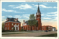 Chatholic Church, Parsonage and School Gaylord, MI Postcard Postcard