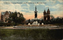 YMCA Corning Fountain and Memorial Arch Postcard