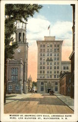 Market St. Showing City Hall, Amoskeag Bank Bldg. and Hanover St Postcard