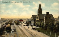 Union Pacific Tracks, Depot and Park Postcard