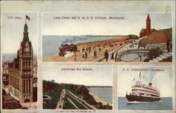 City Hall, Whitefish Bay Resort, S.S. Christopher Columbus, Lake Front and N.W.R.R. Station Postcard