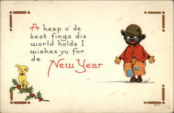 Black Boy and Dog - New Year Wishes Black Americana Postcard Postcard