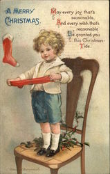 Merry Christmas - Boy and Stockings Postcard