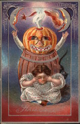 Halloween Children JOL Barrel Postcard