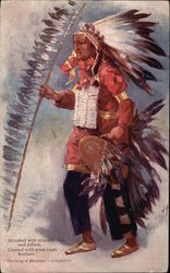 Streaked with Crimson, Blue and Yellow, Crested with Great Eagle Feathers Native Americana Postcard Postcard