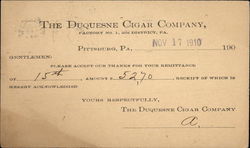 The Duquesne Cigar Company - Receipt Pittsburgh, PA Advertising Postcard Postcard