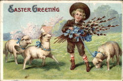 Young Boy with Lambs, Holding Flowers Postcard Postcard