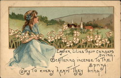 Girl in Blue Dress with Lilies Postcard