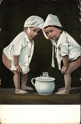 Two Boys with a Chamber Pot and a Kitten Comic, Funny Postcard Postcard