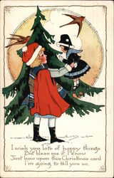 Girl with Doll at Christmas Postcard