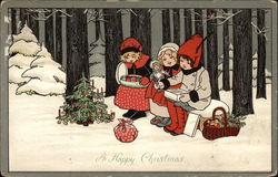 Three children resting on a bench in the woods beside a little Christmas tree Postcard Postcard