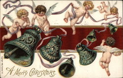 Cherubs and Bells - "A Merry Christmas" Angels Postcard Postcard