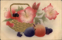 Basket of Pink Flowers next to Fruit Postcard