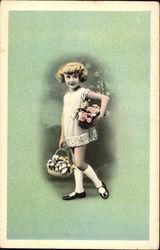 Young Girl with Baskets of Flowers Girls Postcard Postcard