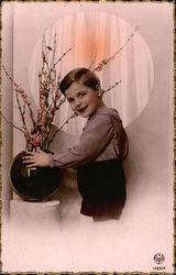 Boy with Vase of Flowers Boys Postcard Postcard