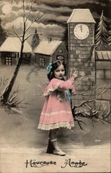 Girl with Clock - Heureuse Annee Postcard