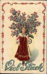 Girl in red dress with a bunch of flowers With Children Postcard Postcard