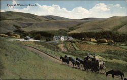 Horse-Drawn Wagon and Farm Scene in Rolling Hills Postcard