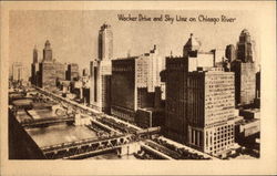 Wacker Drive and Sky Line on Chicago River Illinois Postcard Postcard