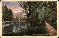 Macky Auditorium, University Lake, Prexy's Walk, State University Boulder, CO Postcard Postcard