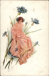 Woman in Pink Gown Surrounded by Large Blue Flowers Fantasy Postcard Postcard