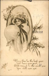 Woman in Hat with Holly Postcard