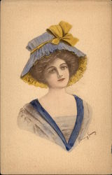 Portrait of Woman in Blue and Yellow Postcard